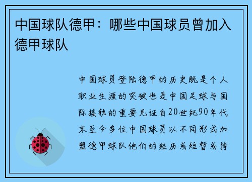 中国球队德甲：哪些中国球员曾加入德甲球队